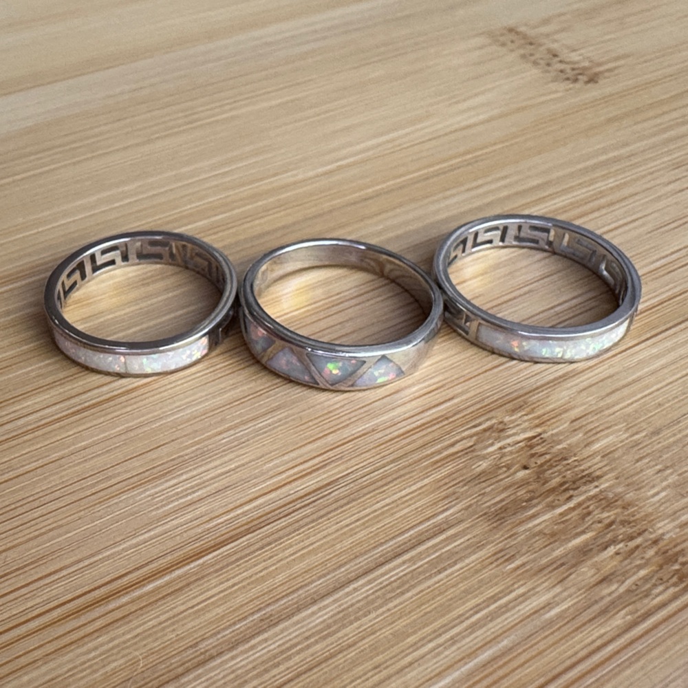 Silver and White Opal Inlay Ring Set